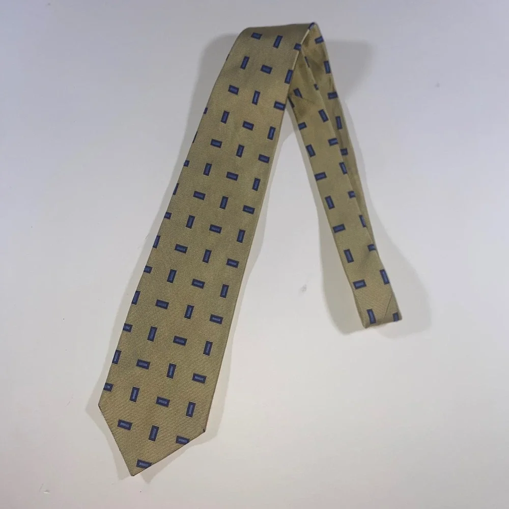 Jos A Bank Mens Silk Tie Gold Blue Geometric Ribbed Made in‎ USA Standard Width